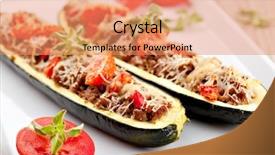  Presentation with meat - PPT layouts featuring zucchini halves stuffed with minced meat and vegetable background and a coral colored foreground