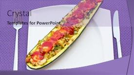  Presentation with meat - Presentation with zucchini halves stuffed with minced meat vegetables and cheese background and a light blue colored foreground