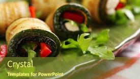  Presentation with peppers - Presentation design having zucchini rolls with cheese bell peppers and arugula on plate close-up background and a tawny brown colored foreground