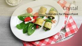  Presentation with peppers - Colorful PPT theme enhanced with zucchini rolls with cheese bell peppers and arugula on plate close-up on table background backdrop and a soft green colored foreground