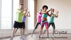  Presentation with zumba - Slide set with zumba fitness - group of smiling people dancing background and a light gray colored foreground