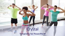  Presentation with zumba - PPT theme with zumba fitness - group of smiling people dancing background and a sky blue colored foreground