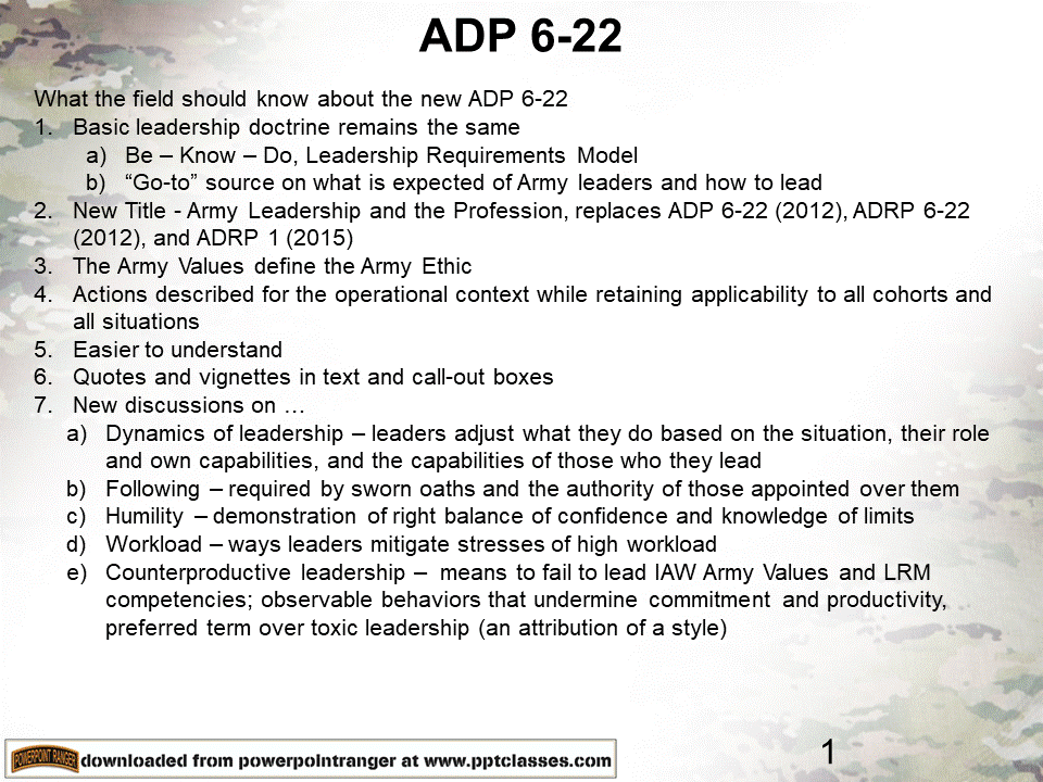 Army Leadership Board Questions 8 ADP 622, Army Leadership and the Profession (2019) PowerPoint Ranger