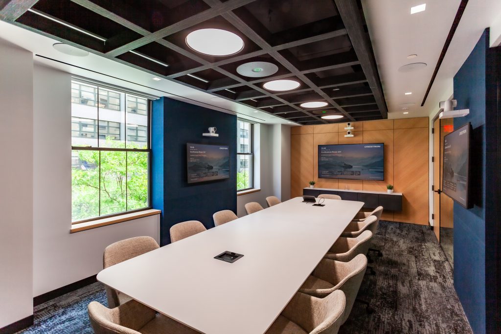 board room with display and chairs