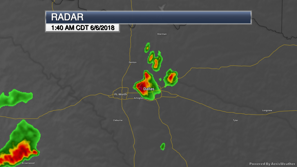 Radar image showing strong storms with very large hail impacting the Dallas area in the early morning hours of June 6, 2018