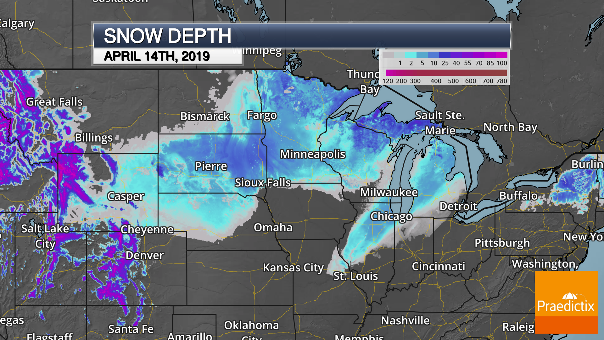 snow depth of midwest on april 14, 2019 after the april 2019 blizzard on a dark map