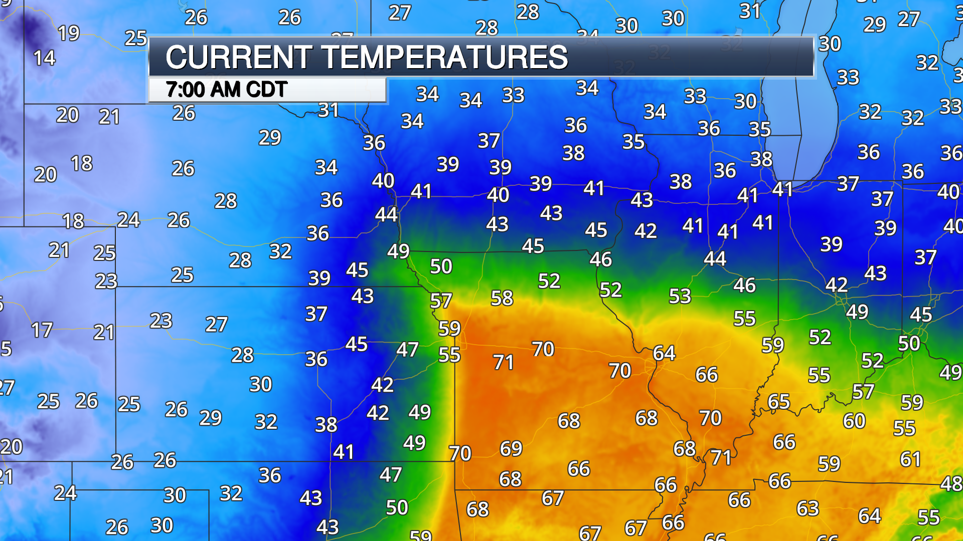 current temperature weather map with color contour from April 2019 blizzard