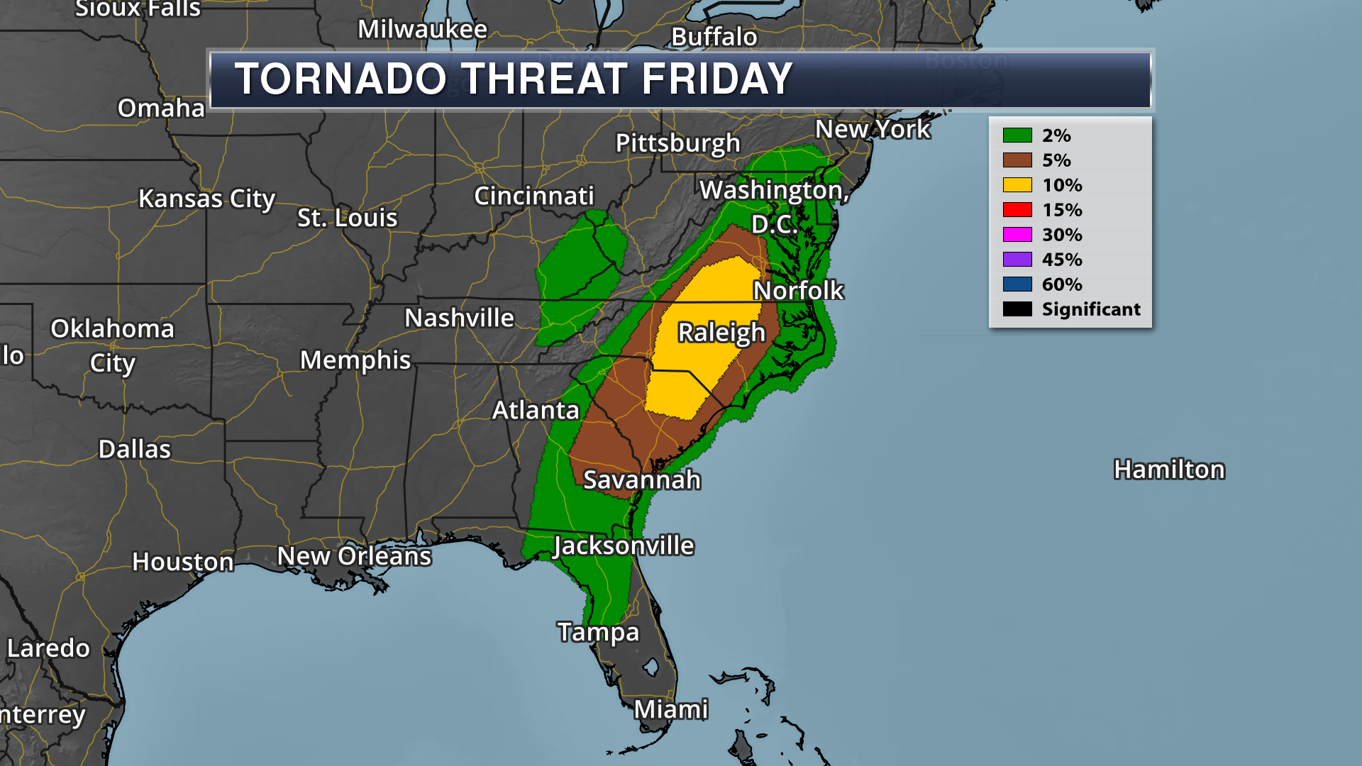 April 19th 2019 Tornado Outlook SPC showing severe weather threat in eastern United States on dark map with legend