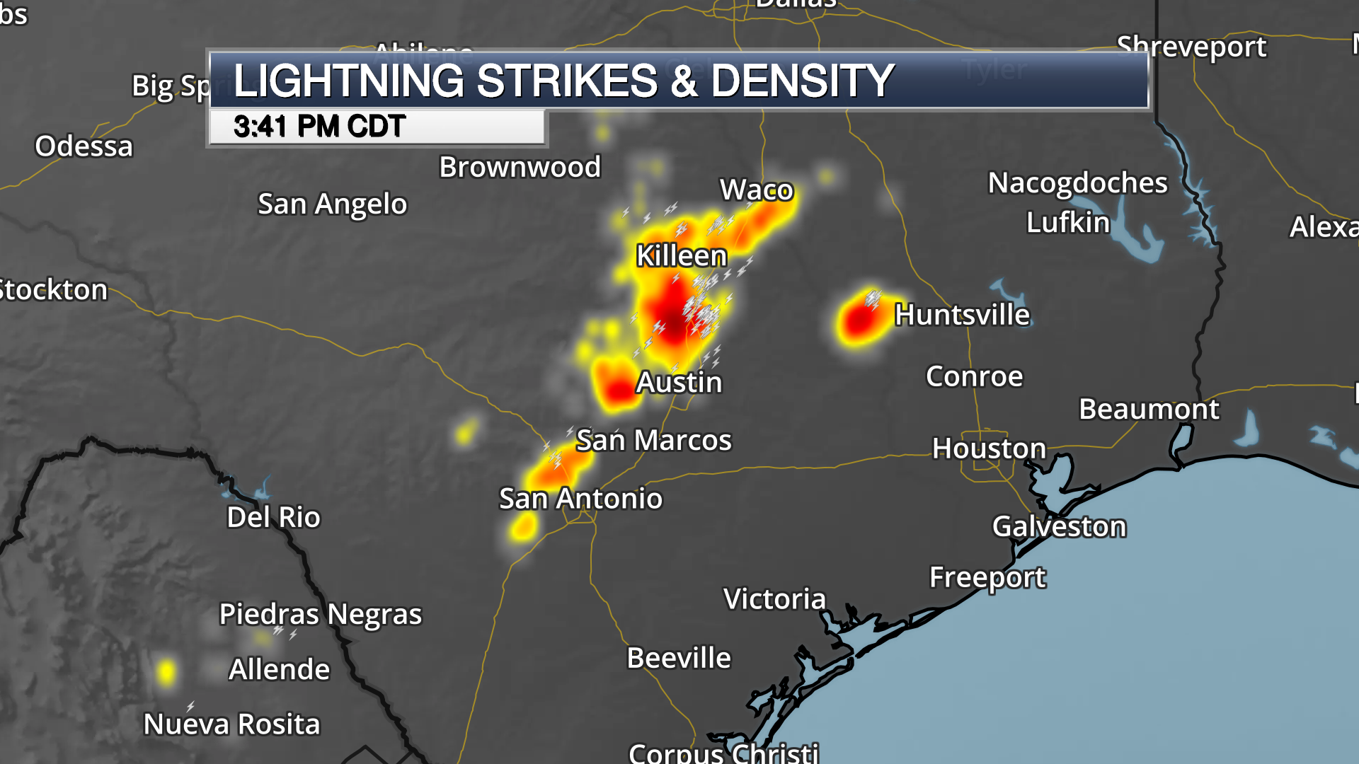 lightning density and lightning strike weather map on dark background