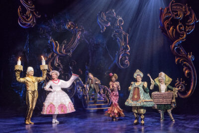 Danny Gardner, Kathy Voytko, Kevin Ligon, Cameron Monroe Thomas, Javier Ignacio, and Holly Ann Butler in Disney’s Beauty and the Beast.