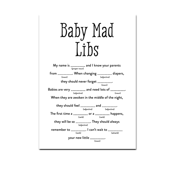 Baby Shower Black White Simple - Activity Mad Libs - Instant Download ...