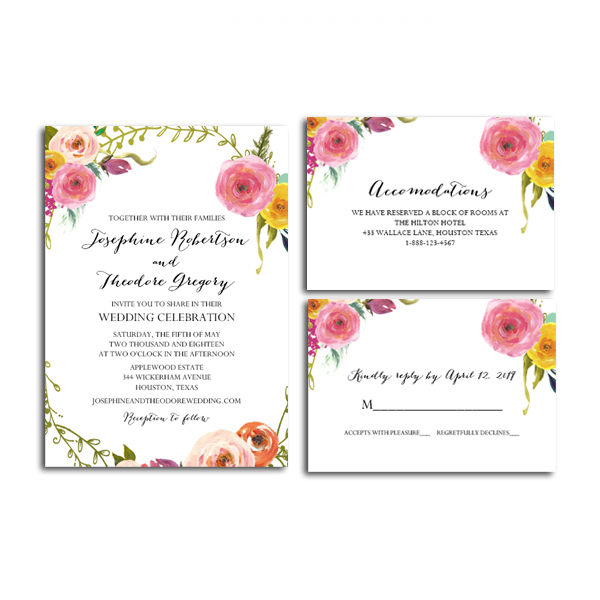 Editable PDF Wedding Invitation Suite DIY Watercolor Flowers