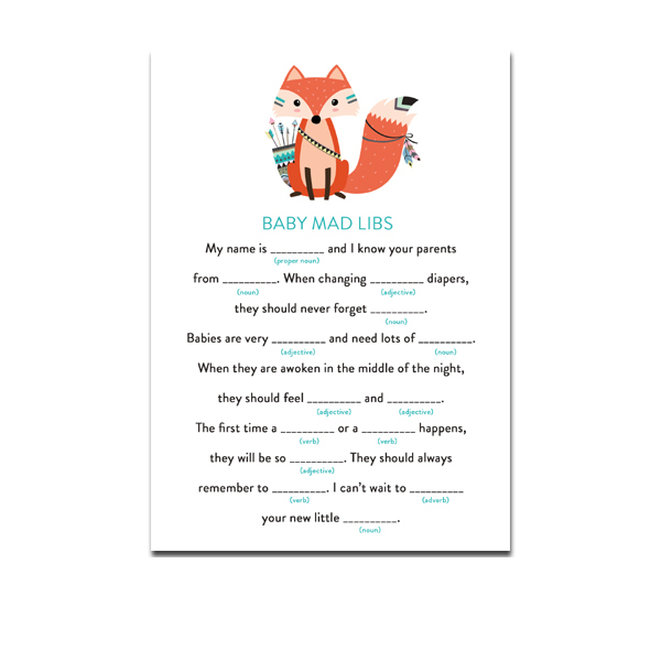 Baby Shower Activity Baby Mad Libs Tribal Woodland Fox Printable ...