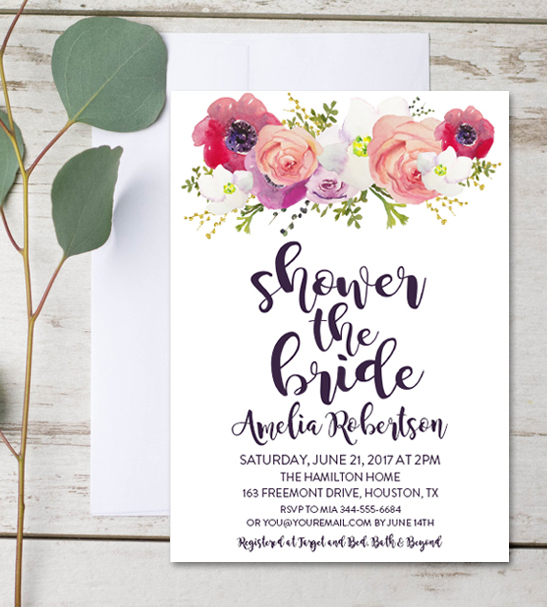 Editable Bridal Shower Invitation Shower the Bride Watercolor Flowers