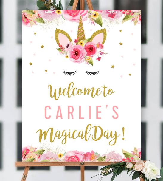 Editable Unicorn Birthday Party Welcome Sign - Pink Gold Glitter