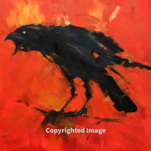 "Sqwuak Box Crow on Red Background" a fine art Print by Allison Doke