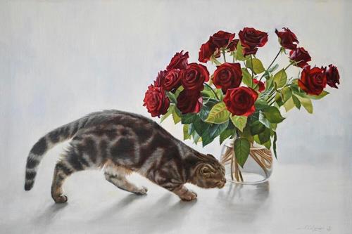 "Print on demand Cat and roses" a fine art Print by  Lukian