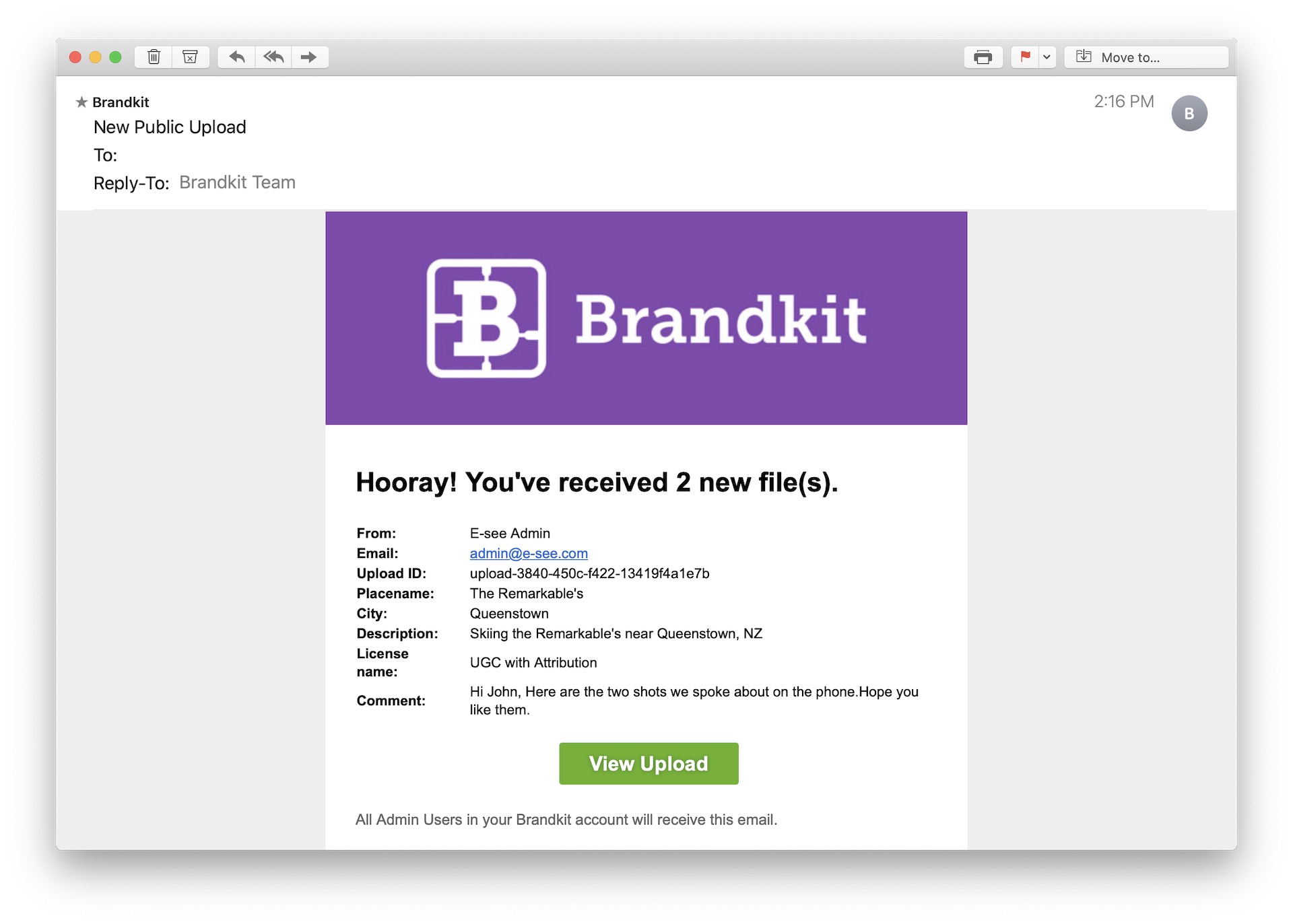 Screenshot of Public Upload notification email to Admins