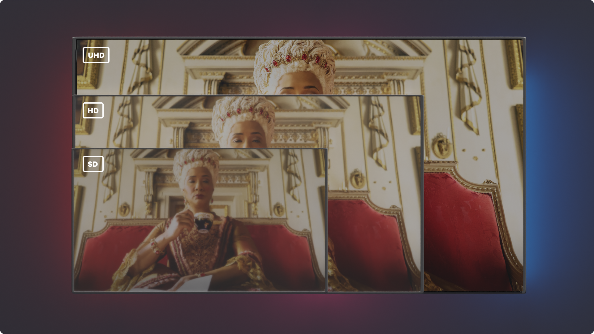 what_is_netflix_4_en.png Bridgerton scene showing the same character in three resolution qualities (SD/HD/UHD).