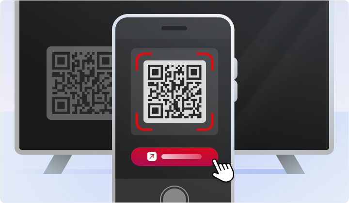 instructional-household-misdetection-01_en.webp Smartphone scanning a QR code shown on a TV screen, with a fingertip tapping a button.