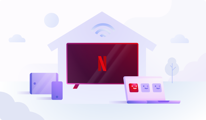editorial-household-en A household with Wi-Fi, a TV displaying Netflix, a laptop showing profiles and other devices.