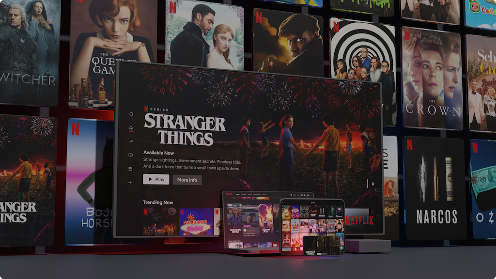 what_is_netflix_1_en.png Netflix interface showing Stranger Things and more shows in a mosaic display.