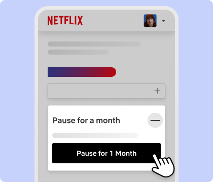 Netflix manage membership pause month Netflix Manage your membership page with “Pause for 1 Month” button being tapped to pause membership for a month.