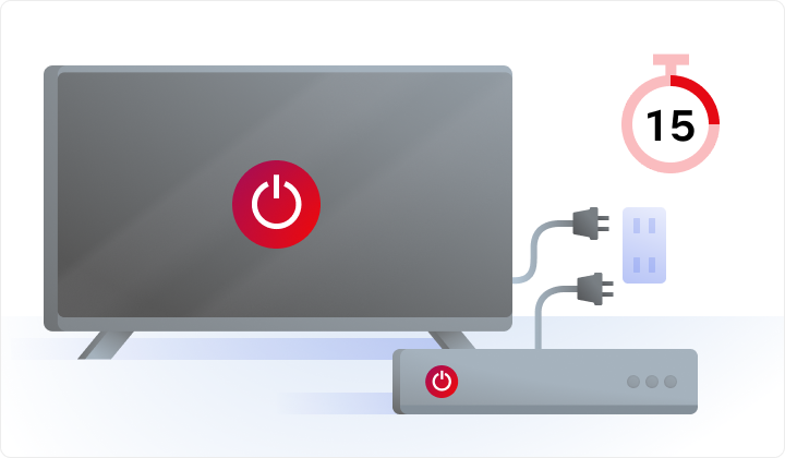 ext-instructional-troubleshooting-restartdevice-tv-en.webp Illustration of a TV with a power button symbol, a power strip, and a 15-second timer, suggesting a restart device process