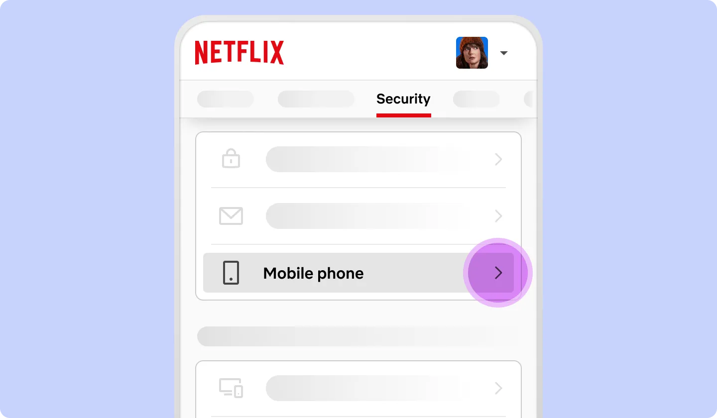 ui-abstraction-security-mobile-phone-en.webp Smartphone screen displaying Netflix security settings with the 'Mobile phone' option highlighted.
