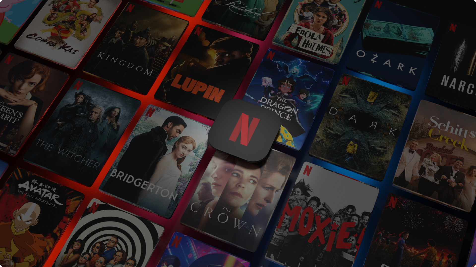 what_is_netflix_5_en.png Grid of Netflix show thumbnails including Bridgerton, The Crown, Lupin and Ozark