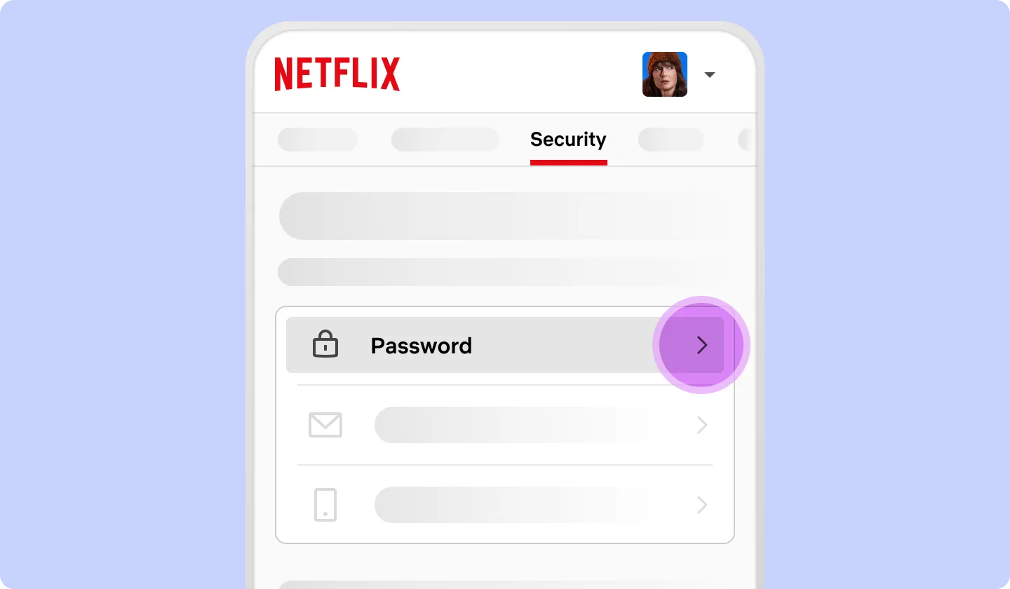 ui-abstraction-security-password-en.webp Smartphone screen displaying Netflix security settings with the 'Password' option highlighted.