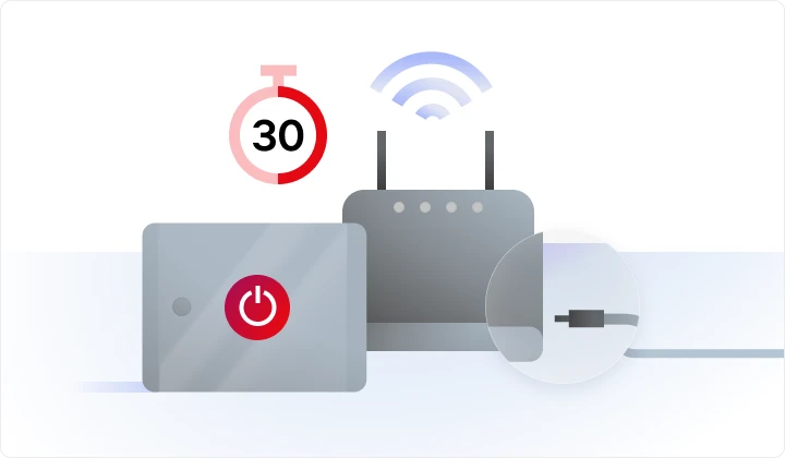 instructional_troubleshooting_restartnetwork_en.webp Resetting modem and device, 30-sec timer, cable unplugged.