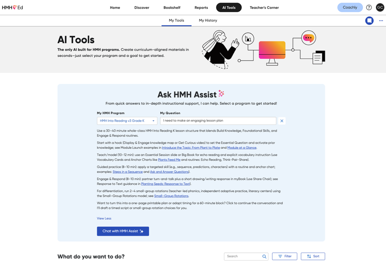 AI Tools page featuring Ask HMH Assist curriculum-aligned teaching companion interface