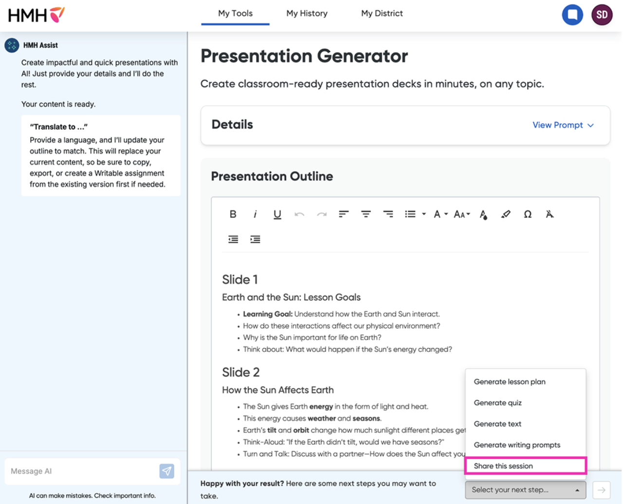 HMH AI Tools Presentation Generator with Share this session option highlighted