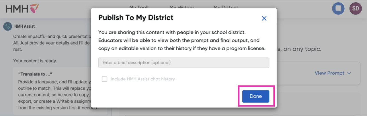 Publish to My District modal with Done button highlighted