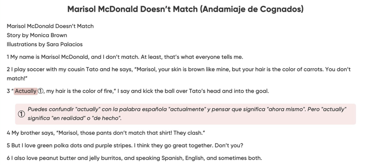Text Scaffolder example showing Spanish cognate support.