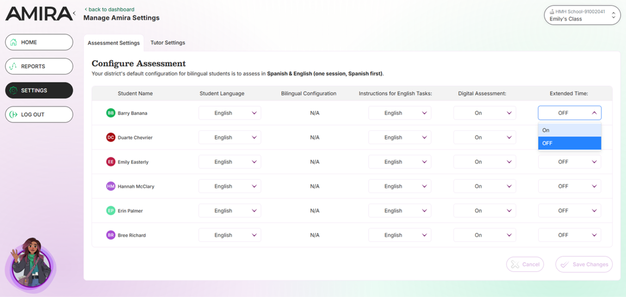 Screenshot of Amira assessment settings.