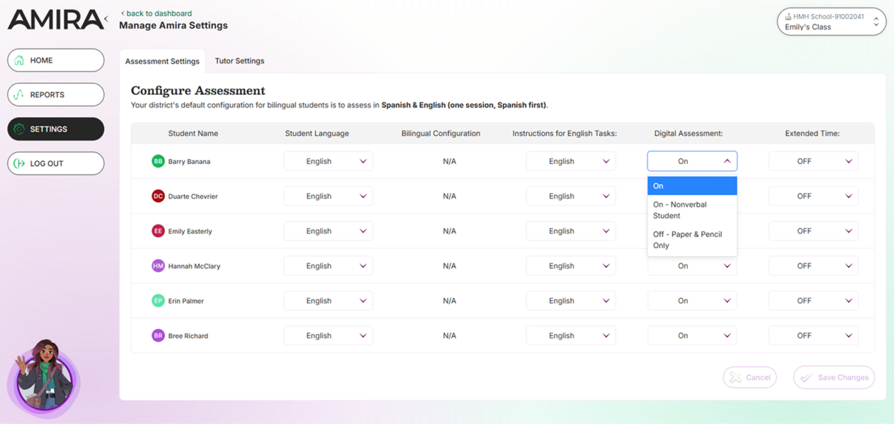 Screenshot of Amira assessment settings.