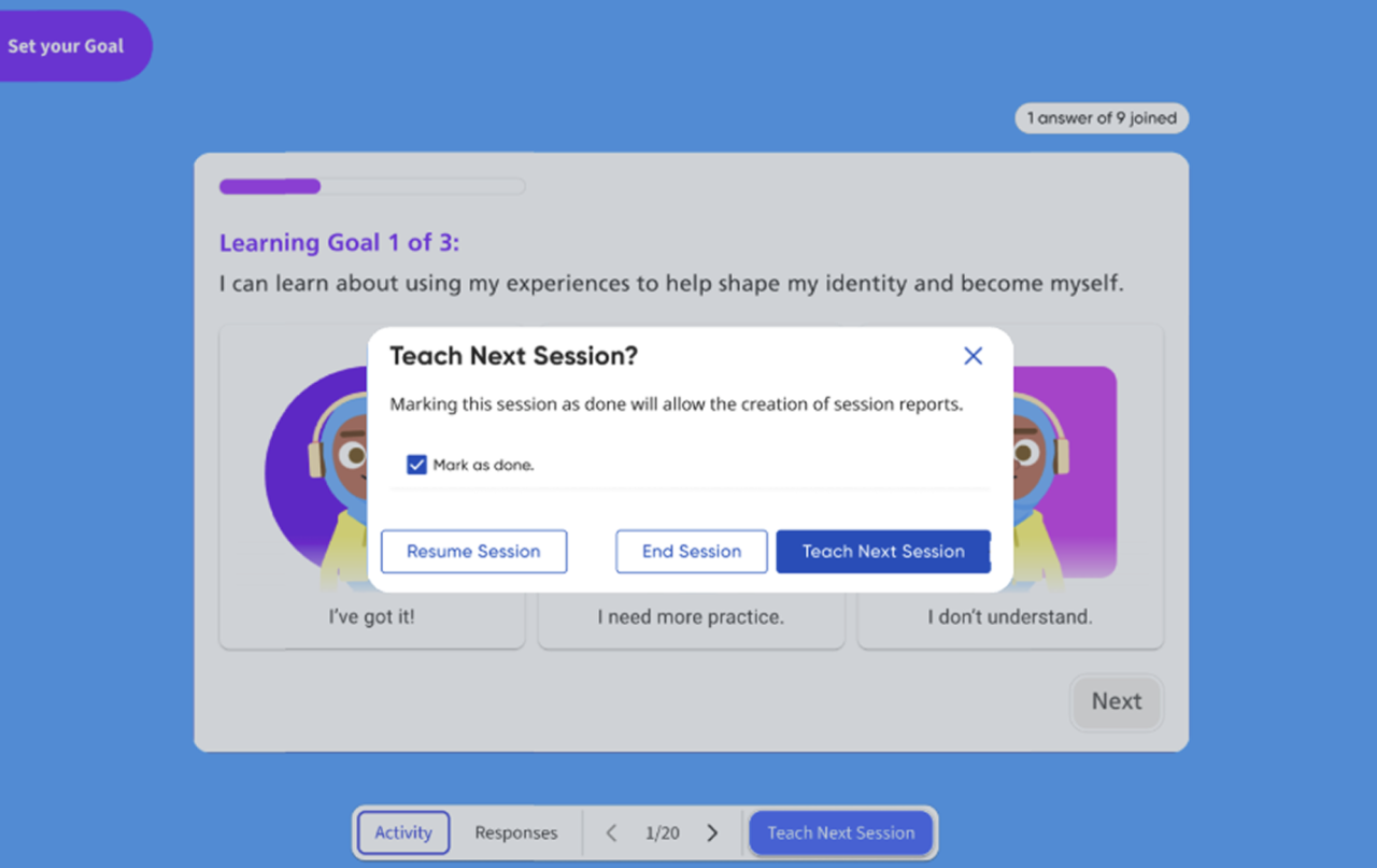 Classcraft option to end a session and teach the next session.