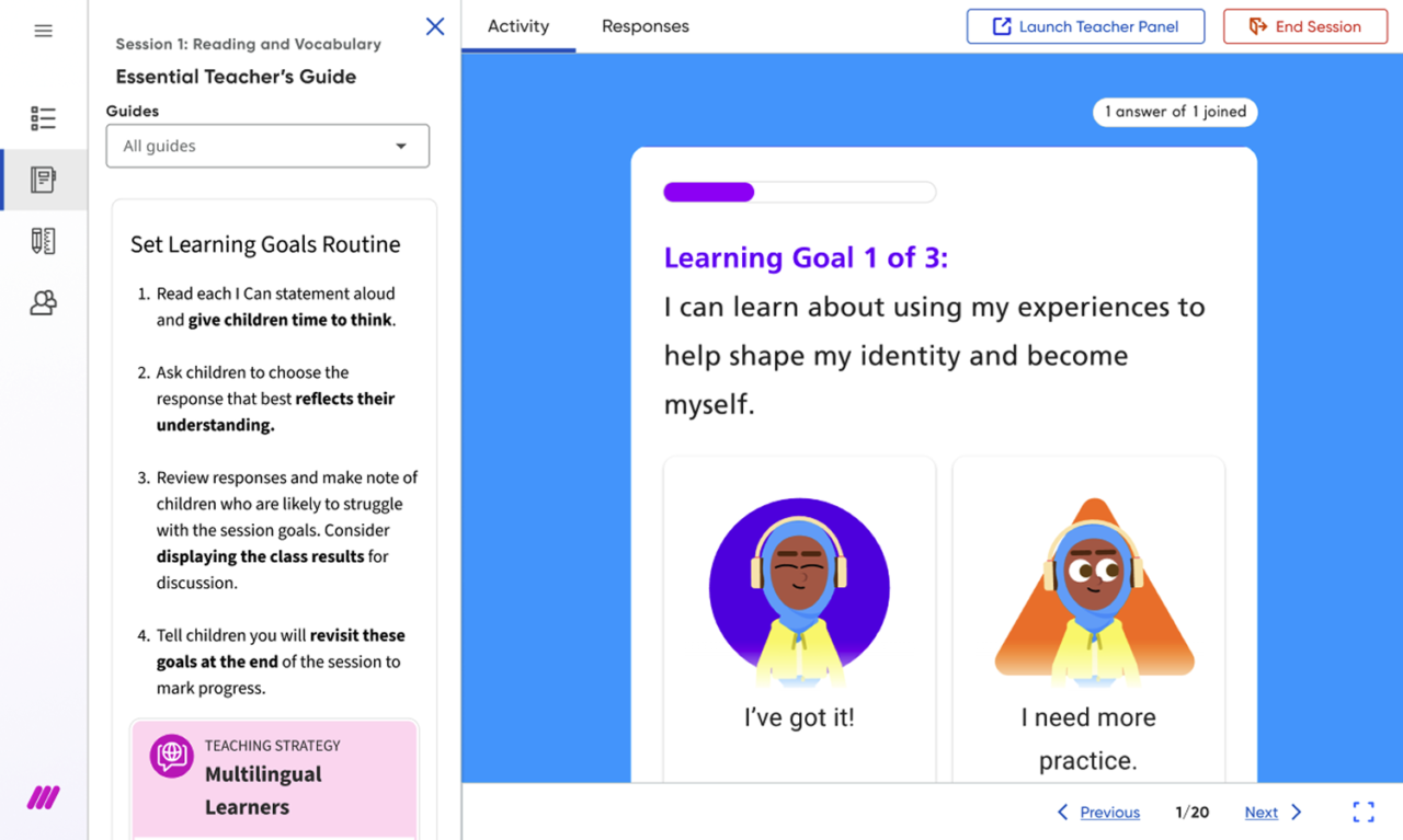 Classroom Panel displaying embedded Essential Teacher’s Guide alongside a learning goal activity.