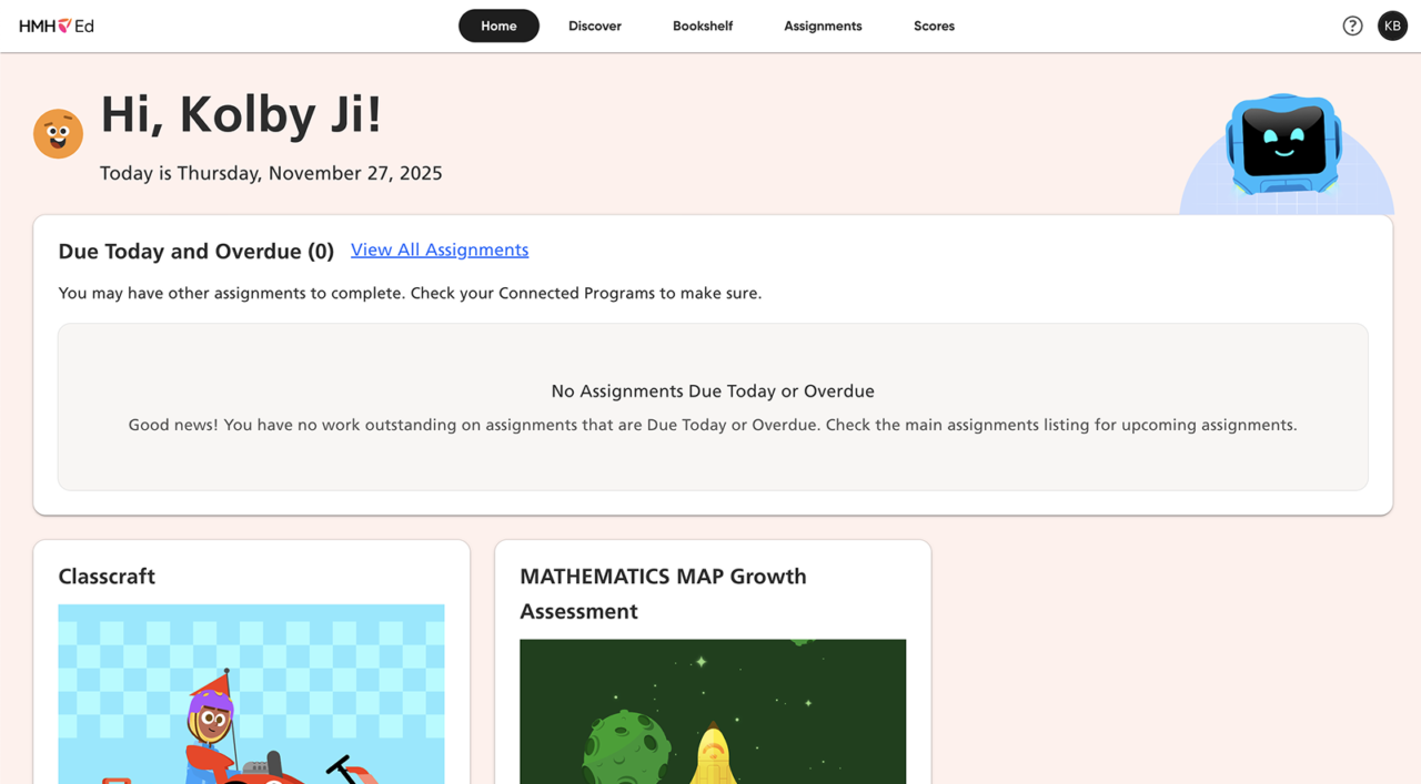 HMH Ed Grades 3–5 Student Home page with grade-banded welcome dashboard.