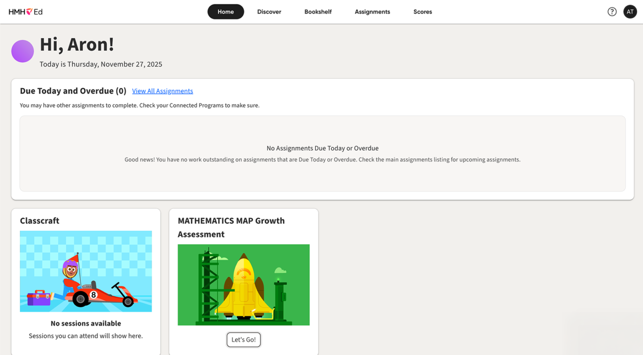 HMH Ed Grades 9–12 Student Home page with grade-banded welcome dashboard.