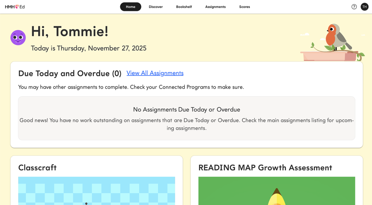 HMH Ed grades K–2 Student Home page with grade-banded welcome dashboard.