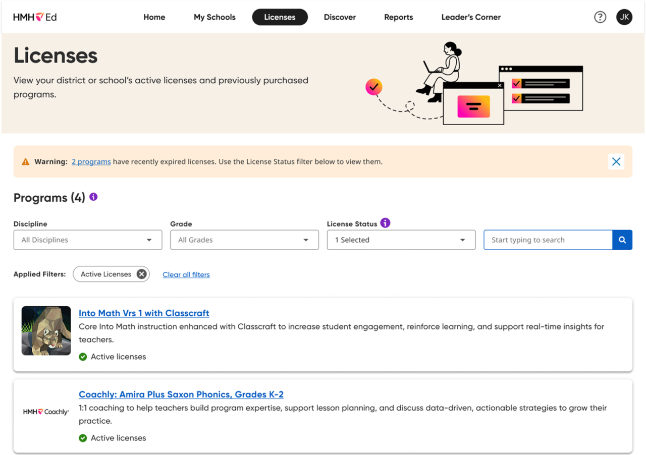 HMH Ed license status filters