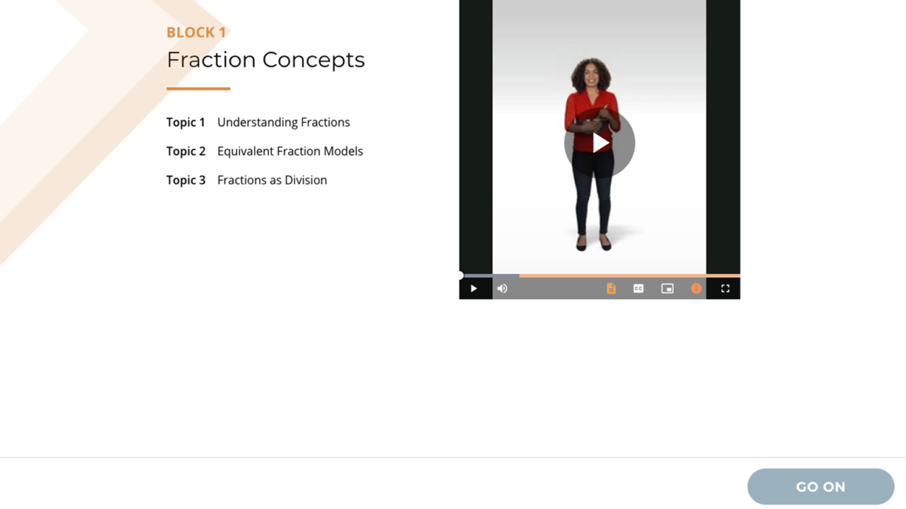 Math 180 Block Entry page for Fraction Concepts with introductory video.