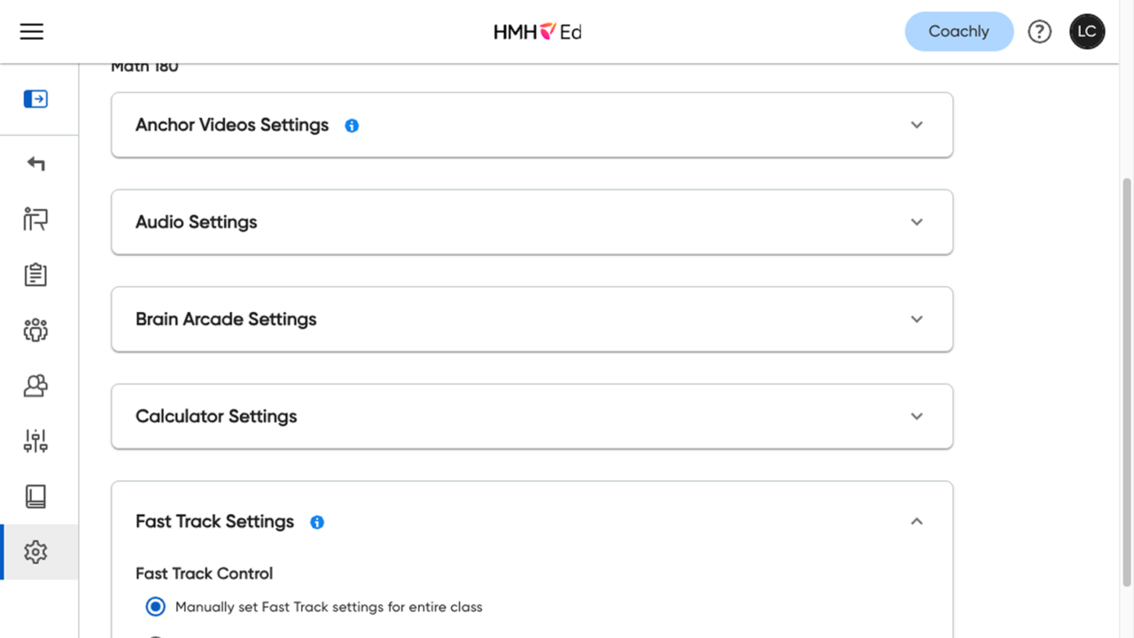 Math 180 Fast Track settings for class customization.