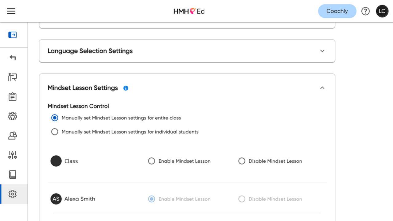 Math 180 Mindset Lesson settings for classes and students.