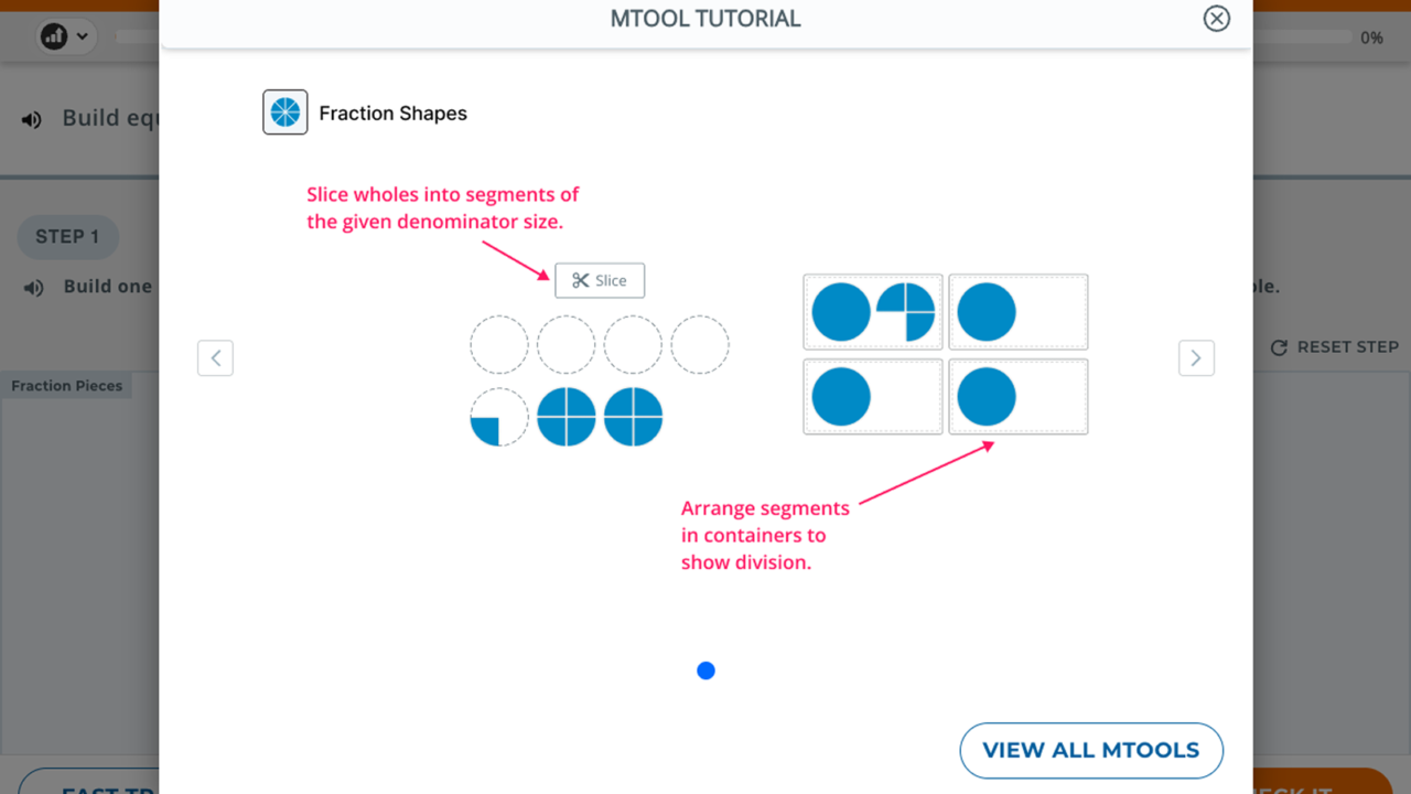 Math 180 mTool Tutorial showing how to slice fraction shapes into segments and arrange them in containers to model division.