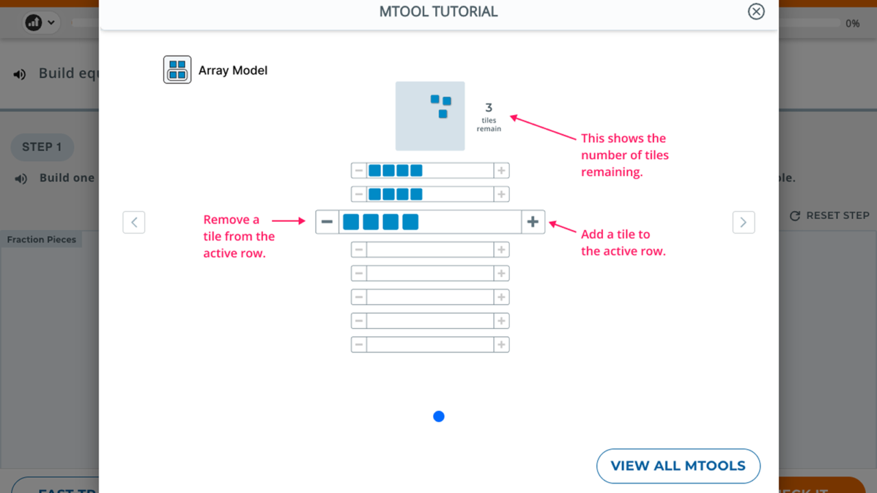 Math 180 mTool Tutorial showing how to add and remove tiles in an array model and view the number of tiles remaining.