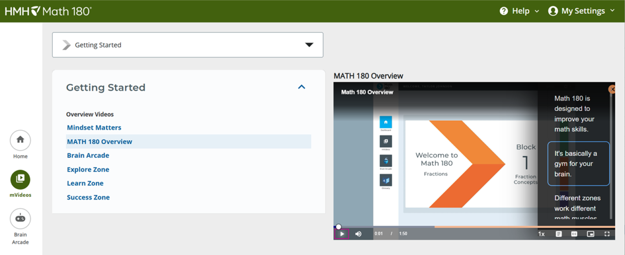 Math 180 video interface showing overview video with transcript and navigation panel.